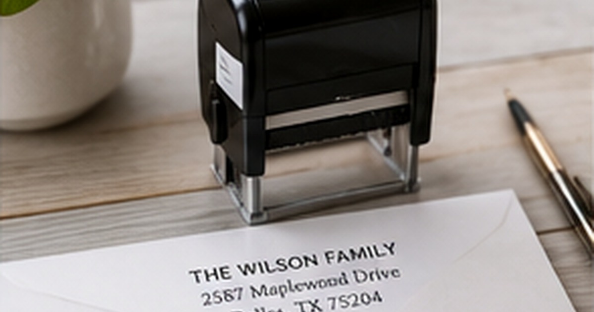 Black self-inking address stamp on a bright home-office desk beside a fresh return-address impression