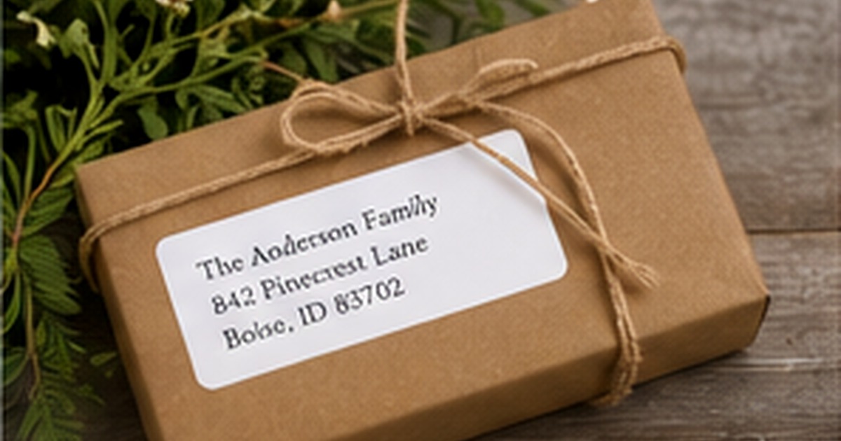 Kraft gift parcel with a personalized address label surrounded by green leaves and natural twine