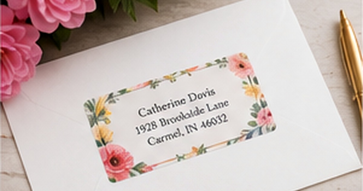 Bright floral personalized address label on a white envelope with pink flowers and a gold pen