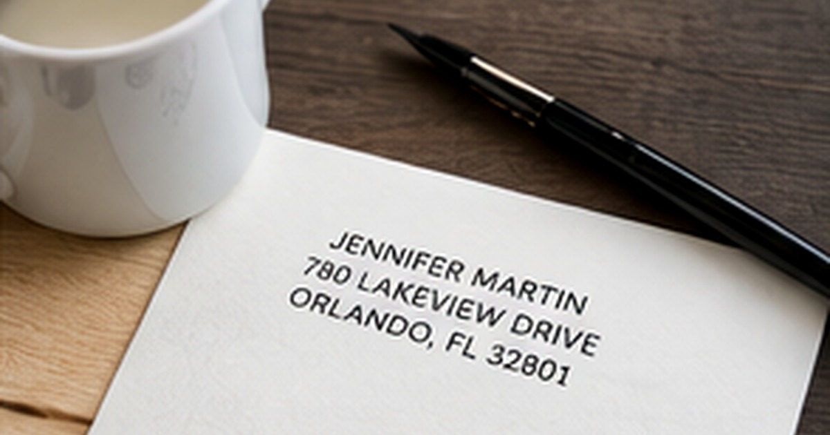 Clean white correspondence card and envelope with a bold personalized return address beside a black pen and coffee cup