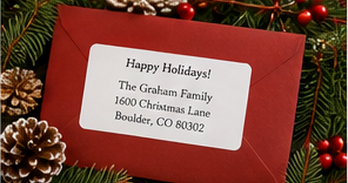 Red Christmas card envelope with a white personalized address label among evergreen branches pinecones and red berries