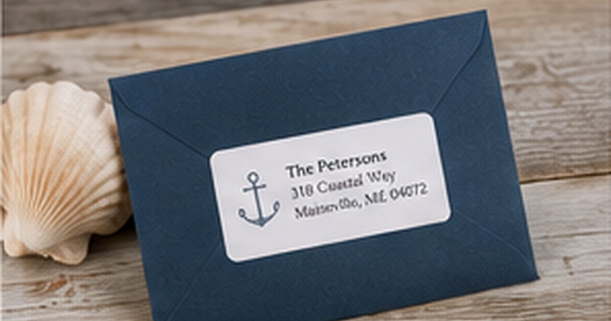 Navy blue envelope with a clean anchor address label styled with seashells and a soft coastal background