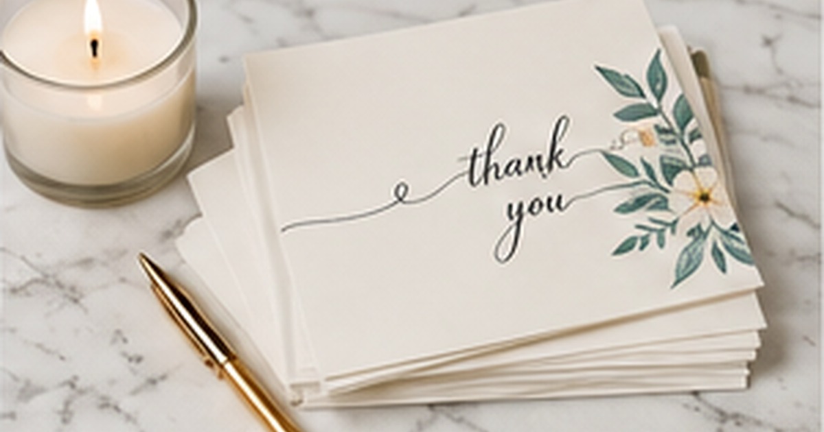 Stack of elegant botanical thank-you cards beside a candle and gold pen on a bright marble desk
