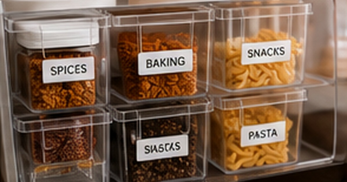 Clear pantry containers with clean custom labels for spices baking snacks and pasta in a bright organized cabinet