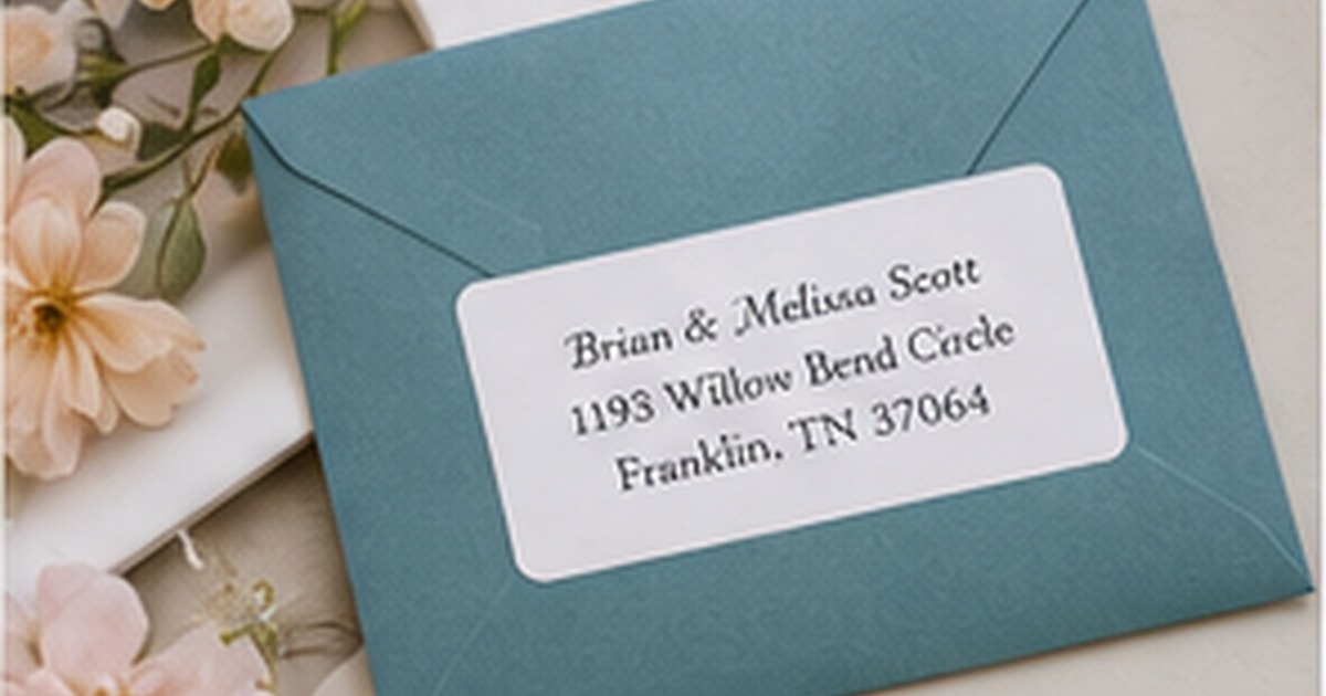 Classic blue envelope with a refined white personalized address label and soft flowers