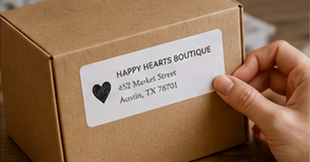 Small-business owner applying a clean custom return address label to a kraft shipping box