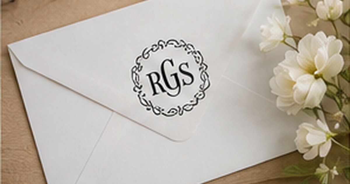 Cream envelope with an elegant circular three-letter monogram address design and fresh white flowers