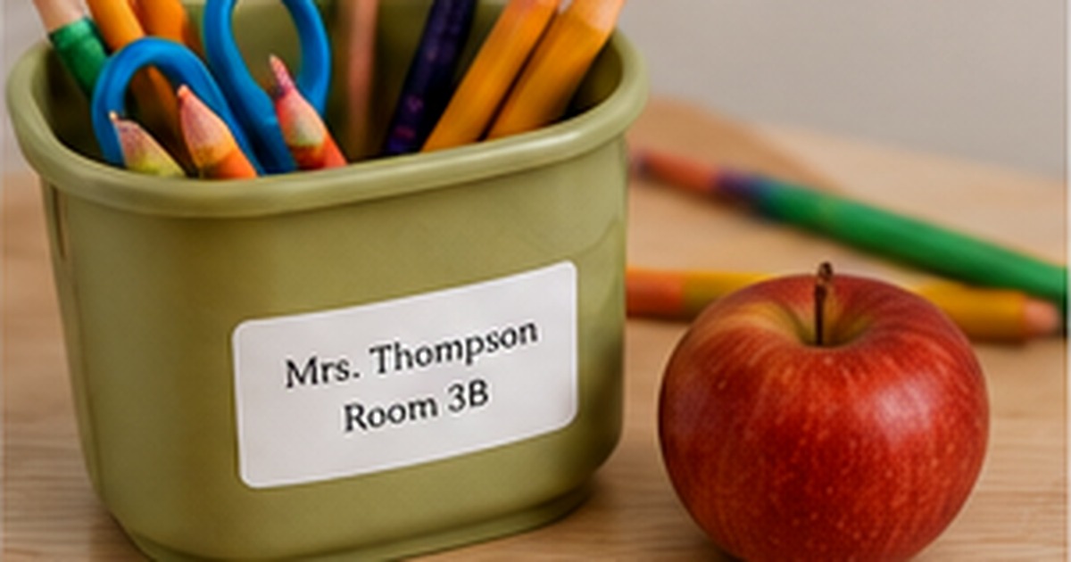 Teacher supply cup with a clear personalized classroom label beside colorful pencils notebooks and an apple