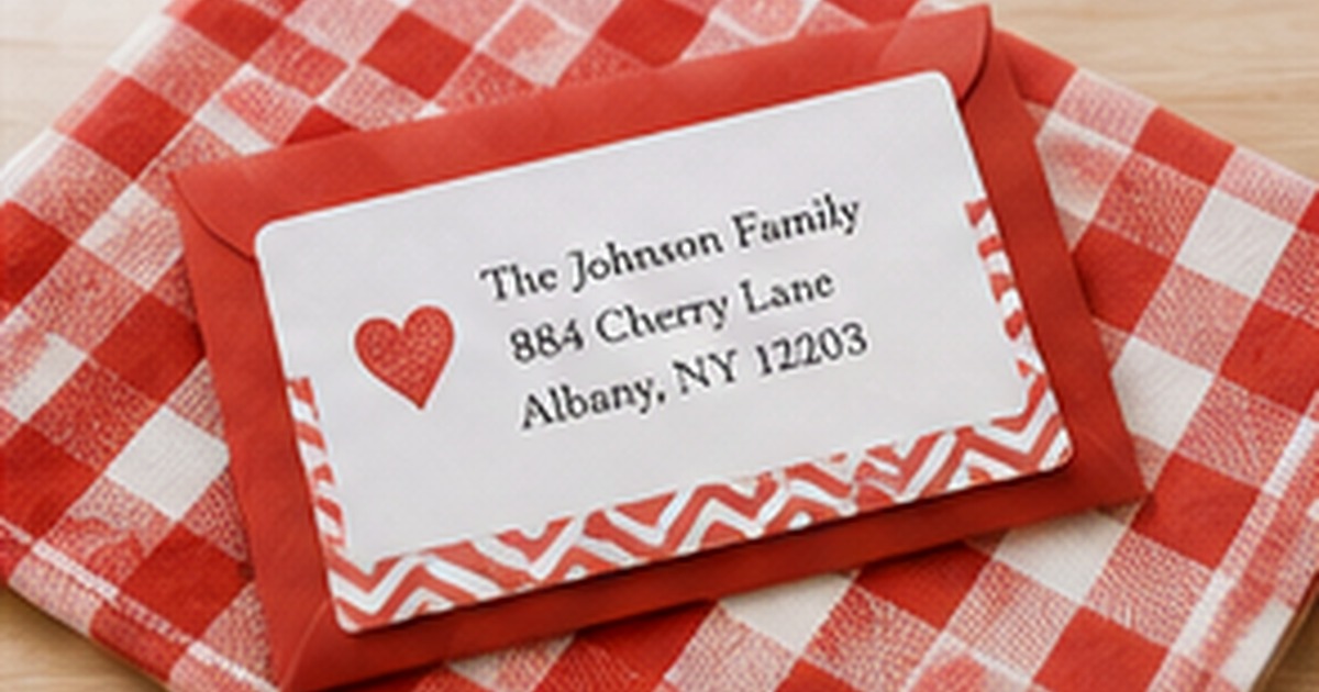 Red and white Valentine card with a heart address label on a cheerful gingham background