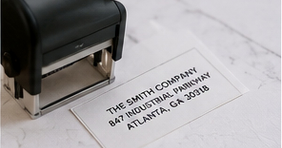 Black self-inking business address stamp making a crisp company return-address impression on white paper