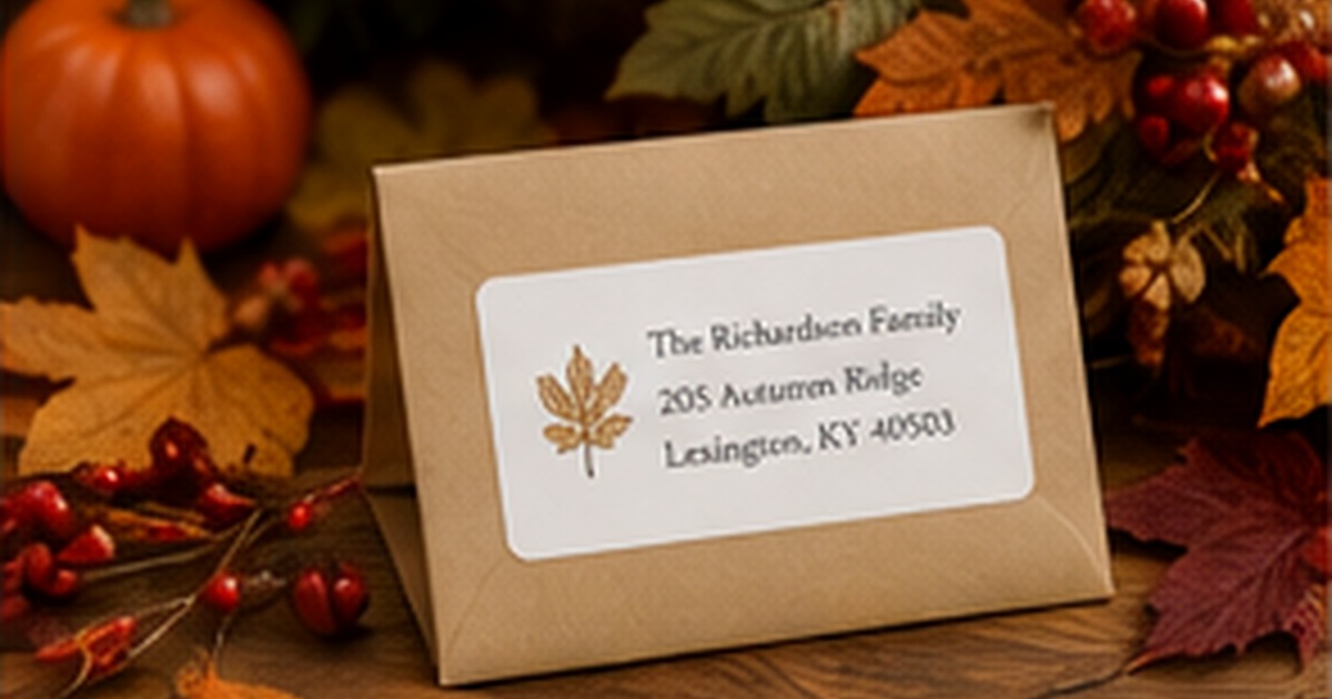 Warm Thanksgiving envelope with a leaf address label among pumpkins autumn foliage and red berries