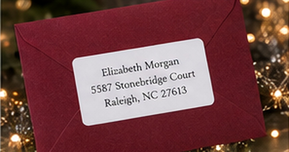 Burgundy envelope with an elegant bright address label styled beside warm sparkling lights