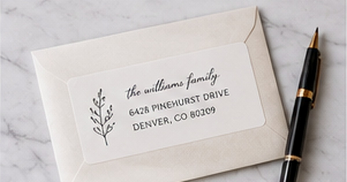 Minimal cream address label with understated botanical line art beside a black fountain pen on pale marble