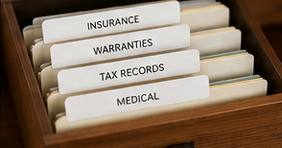 Organized home-office file drawer with labeled tabs for insurance warranties tax records and medical papers