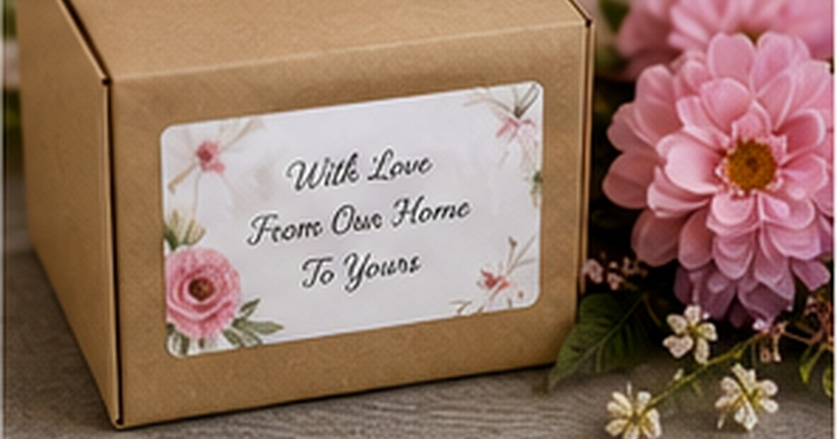 Bright floral card and kraft envelope with a colorful personalized label surrounded by pink spring flowers