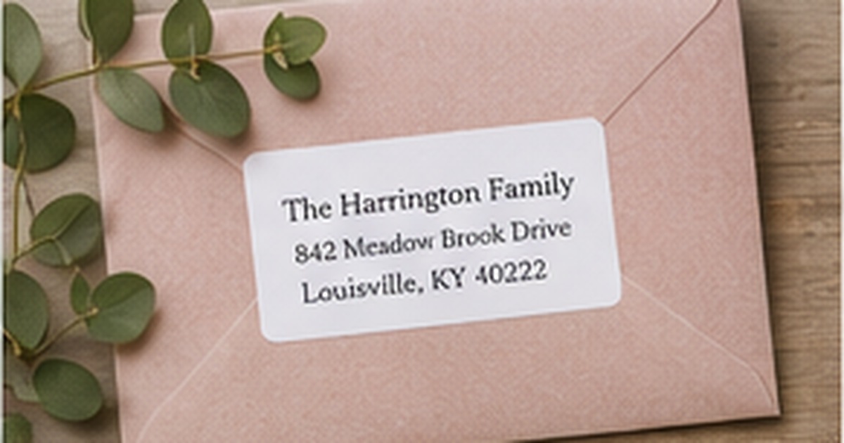 Blush envelope with a clean family return address label, greenery, and a warm wood background