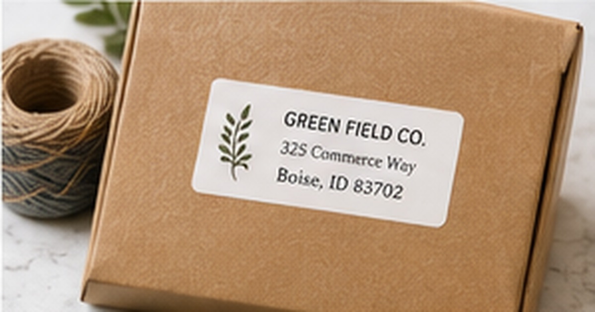Kraft parcel with a botanical address label, twine, and natural greenery on a rustic tabletop