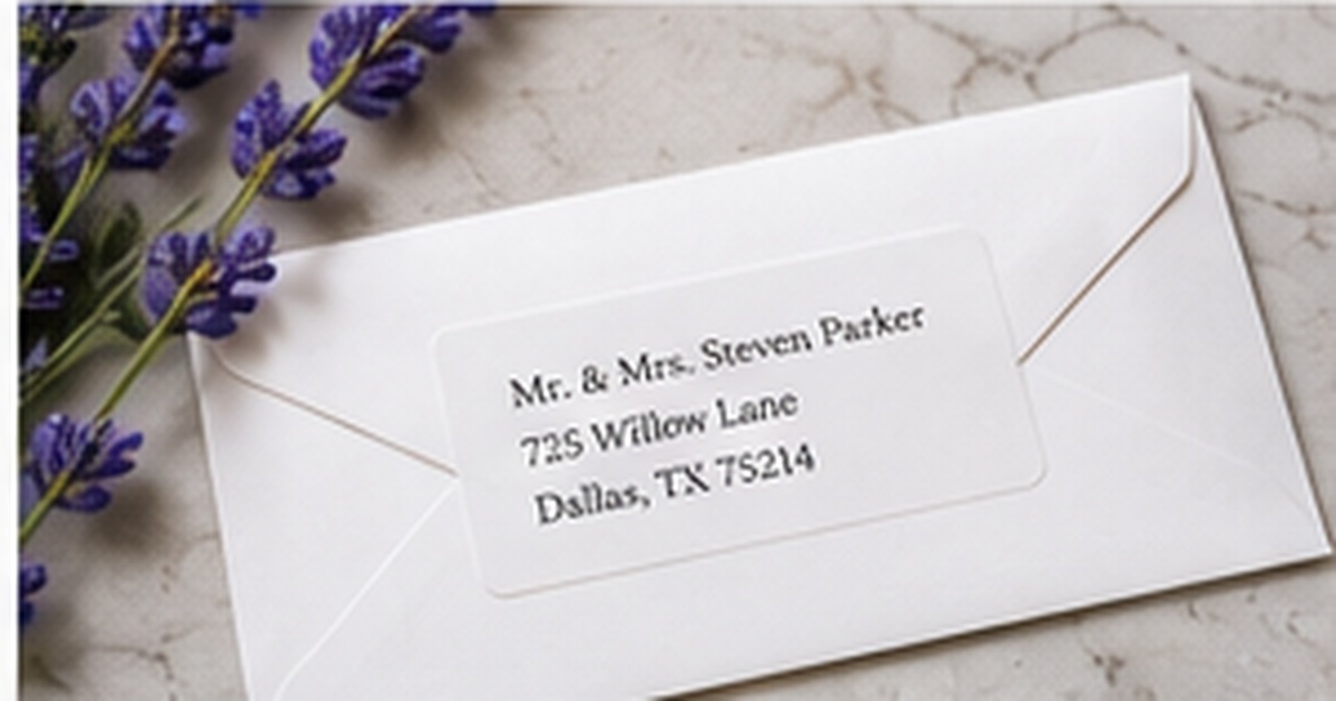 White save-the-date envelope with a clean couple address label, lavender sprigs, and elegant neutral styling