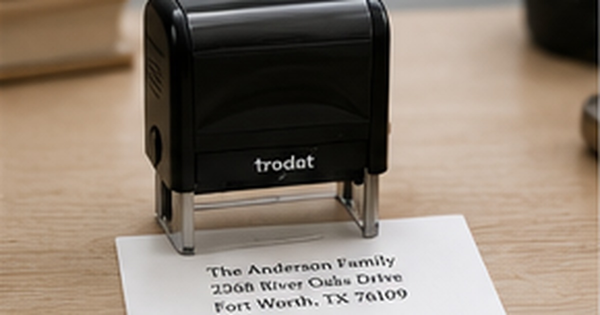 Black self-inking address stamp making a crisp impression on a white card at a bright worktable