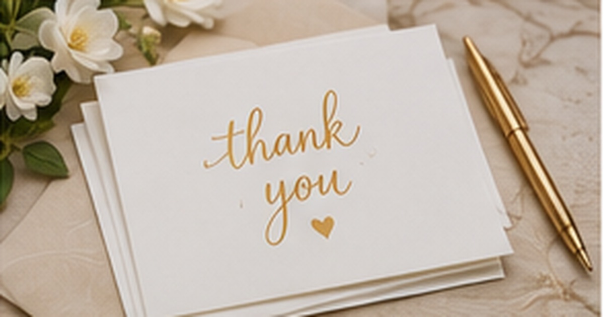 Elegant stack of cream thank-you cards with gold lettering, flowers, and a fine writing pen