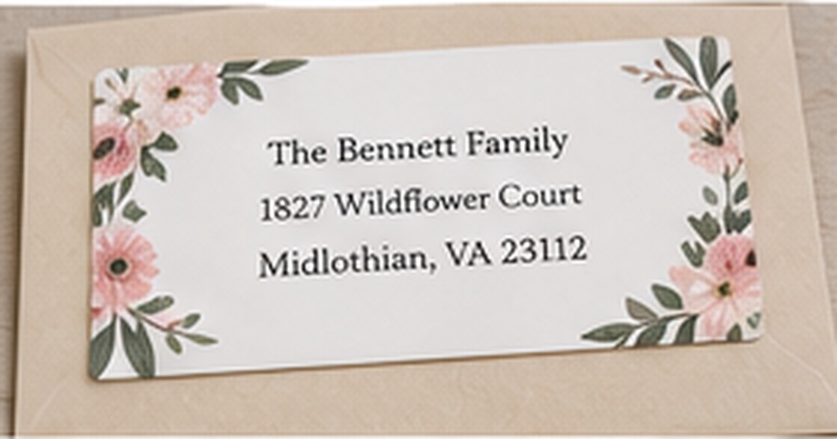Personalized address label with soft pink flowers and green leaves on a cream envelope