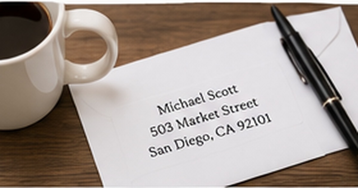 Clean professional business mailing label on a white card beside coffee, a pen, and a warm wood desk