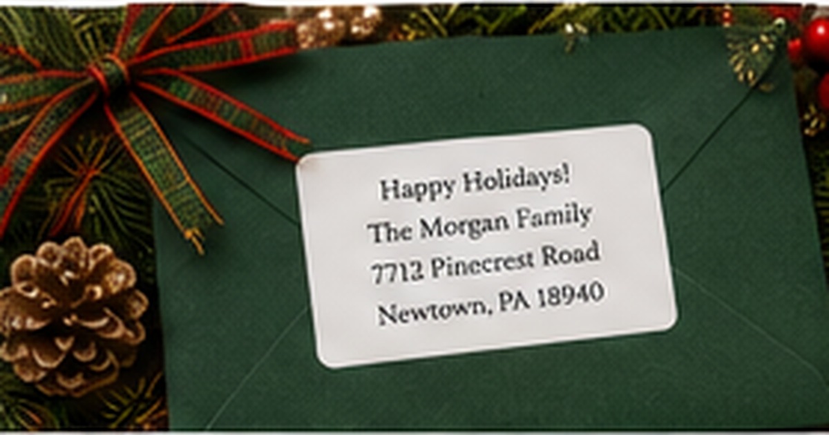 Deep green holiday envelope with a white return address label, pinecones, evergreen branches, and red ribbon