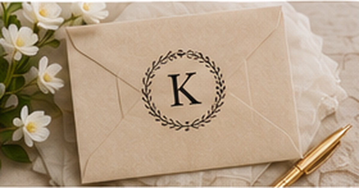 Cream envelope with a black botanical monogram crest, gold pen, white flowers, and soft fabric