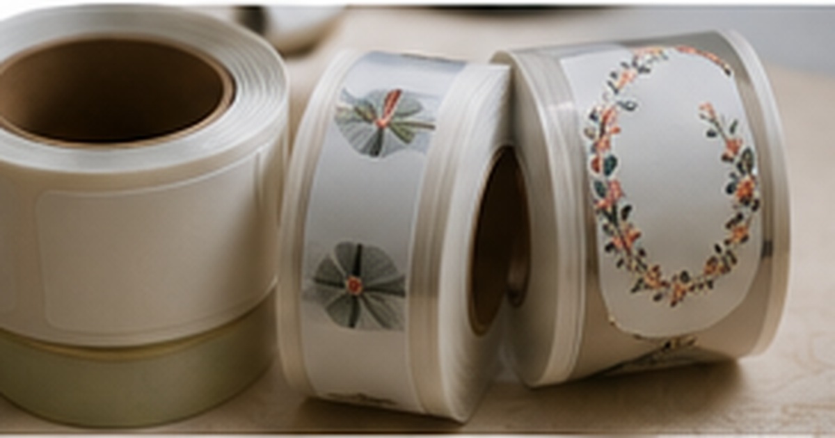 Rolls of clear and white floral address labels beside a coffee cup on a bright neutral desk