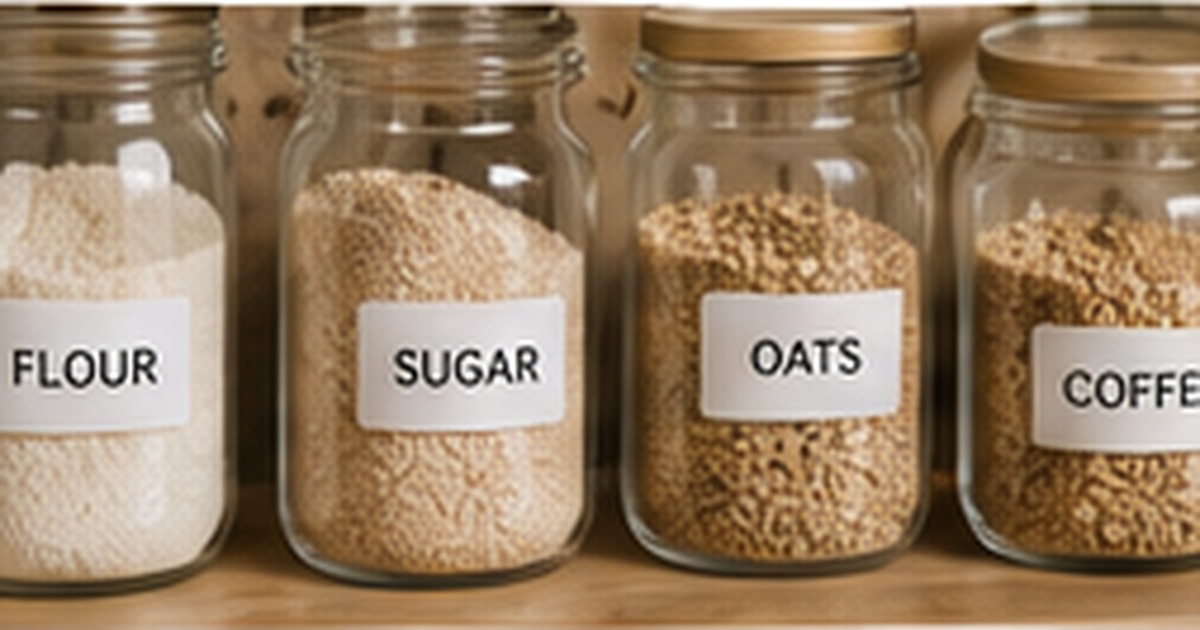 Glass pantry jars labeled flour, sugar, oats, and coffee on a bright organized kitchen shelf