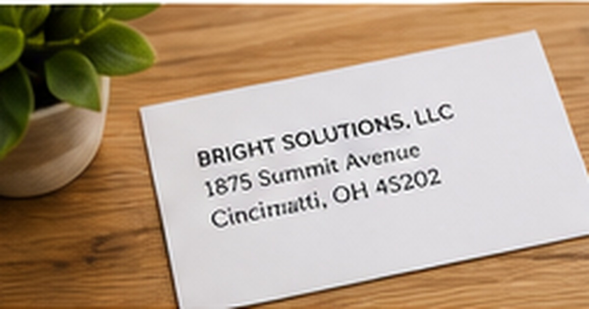 Professional address impression on a white card beside a green plant and a clean wood desk