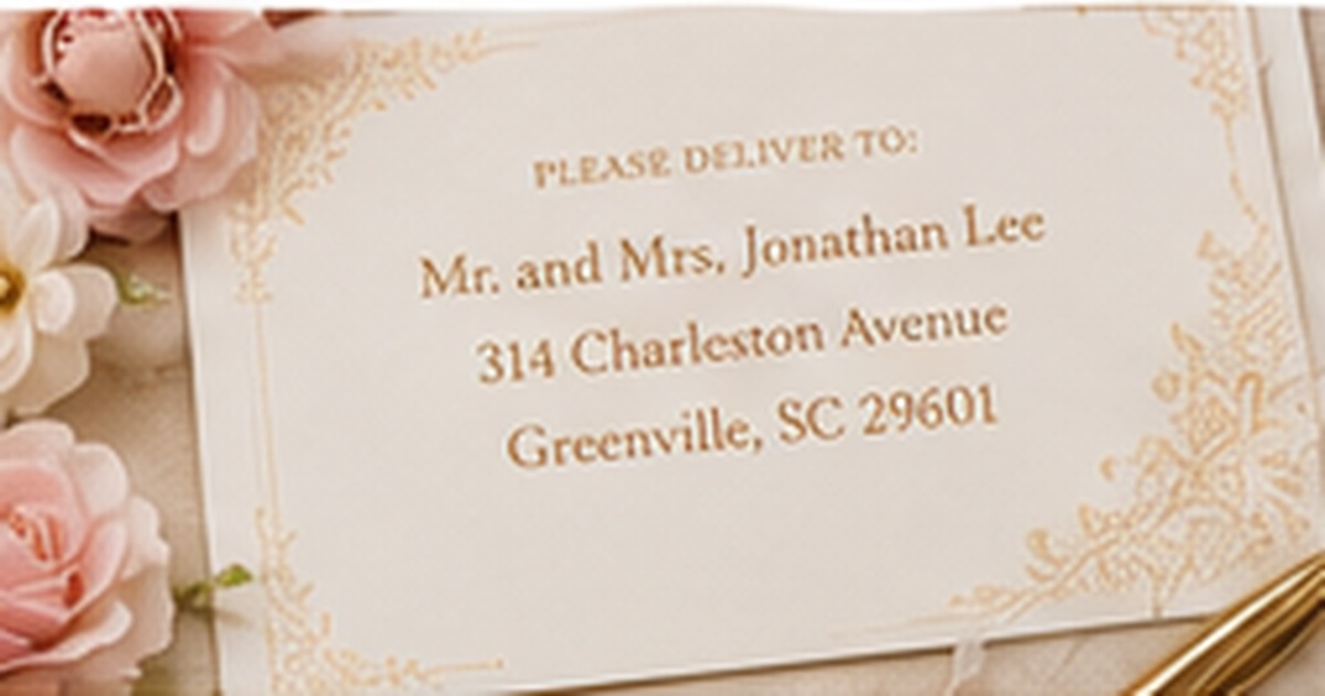 Formal ivory wedding invitation envelope with gold addressing, blush flowers, and elegant border details