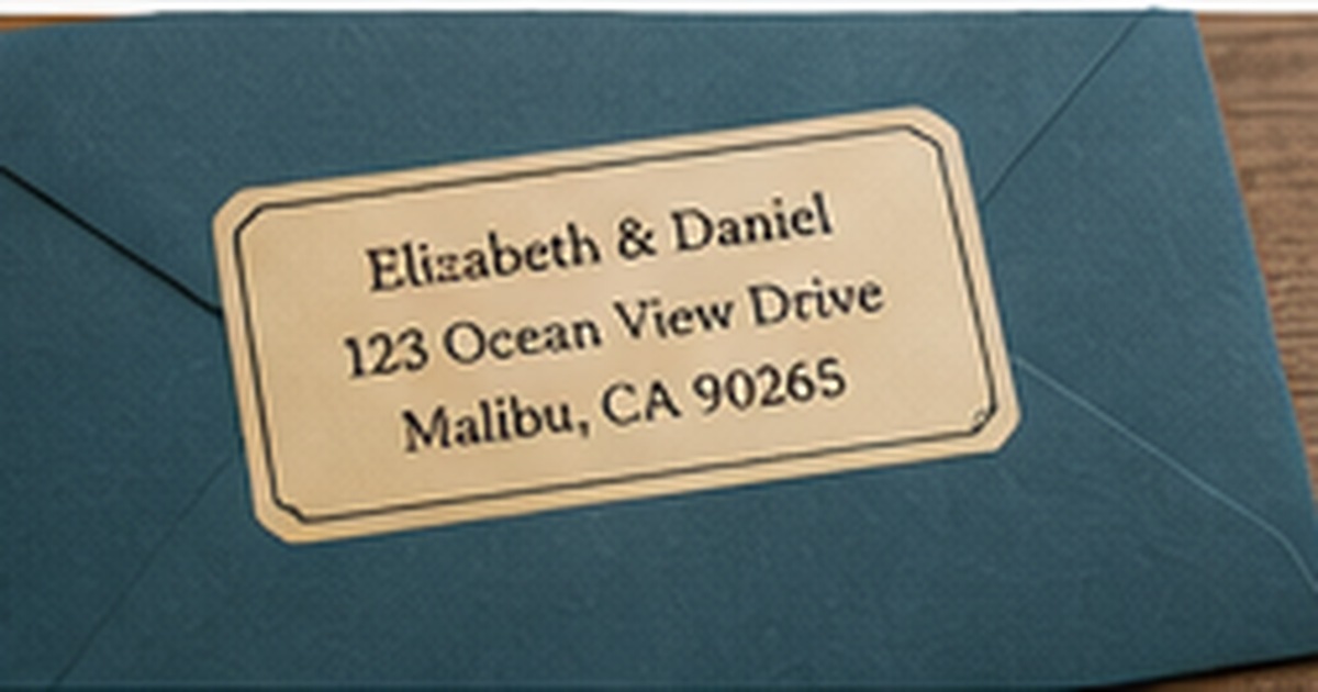 Deep blue envelope with a refined coastal address label and subtle nautical styling