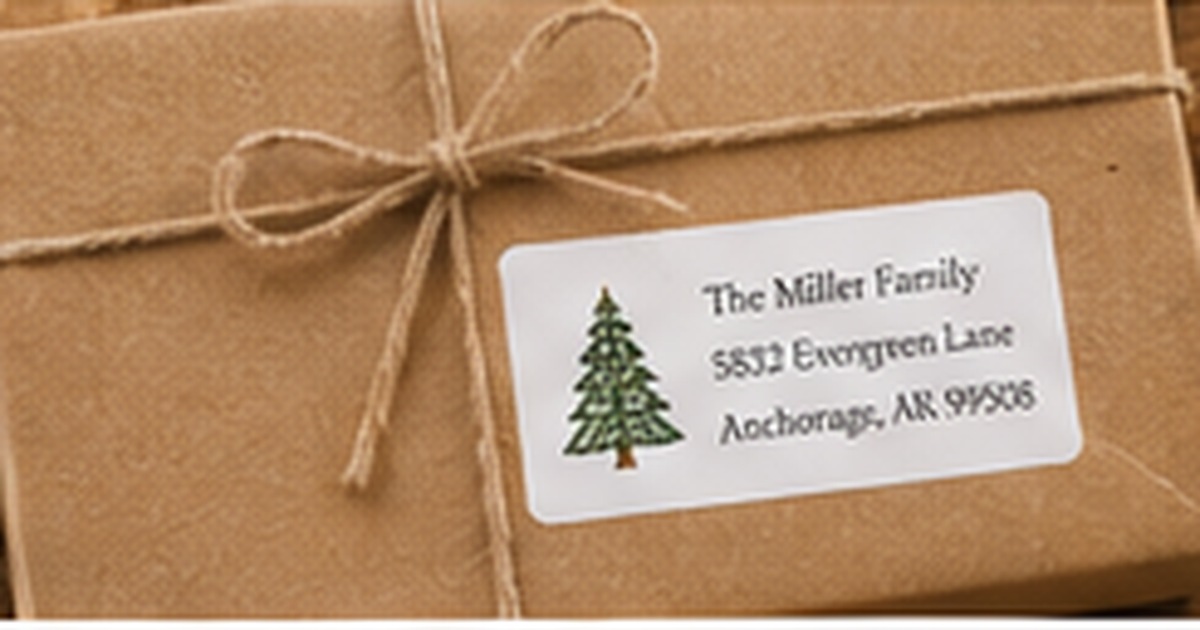 Kraft-wrapped winter gift with evergreen address label, twine, greenery, and warm seasonal styling