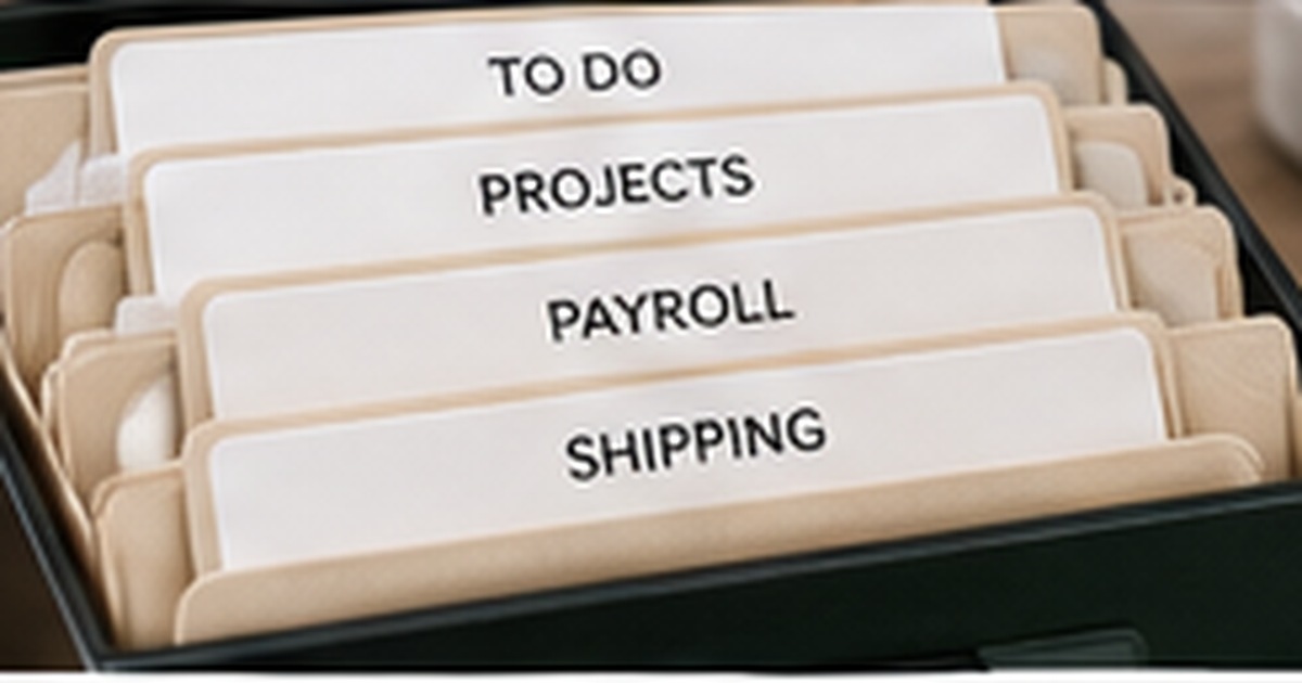 Organized office file box with labeled categories for projects, payroll, shipping, and to-do items