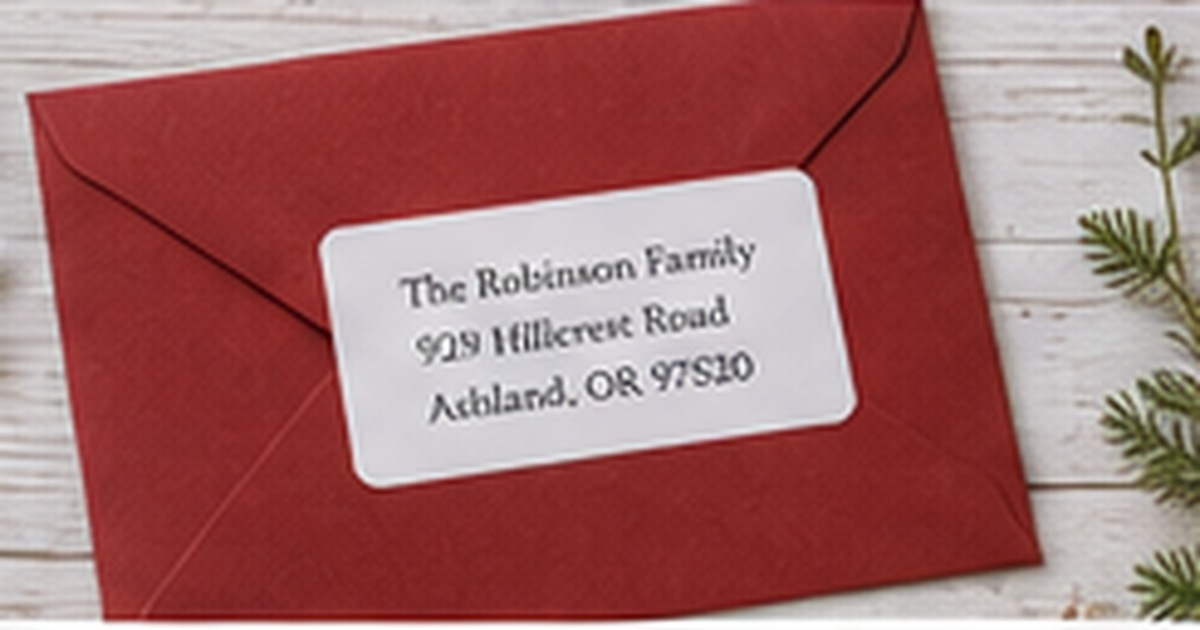 Red holiday envelope with a clean white family address label, evergreen sprigs, and neutral wood texture