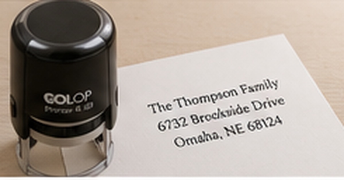 Black round self-inking address stamp beside a crisp circular return address impression on white paper