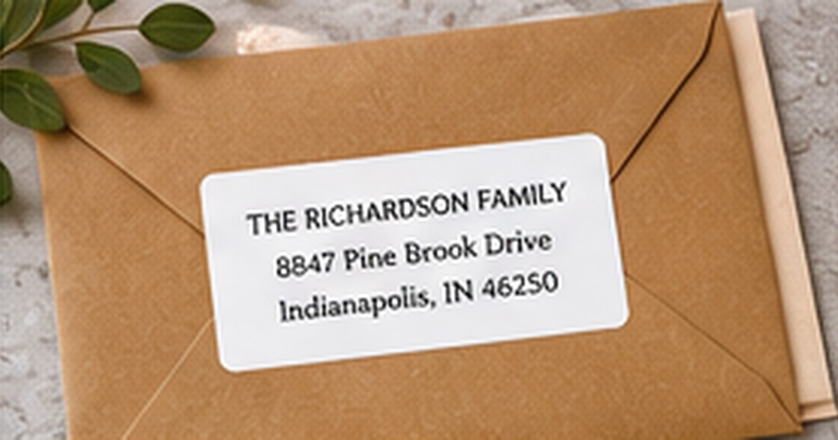 Kraft envelope with a clear family return address label on a tidy desk