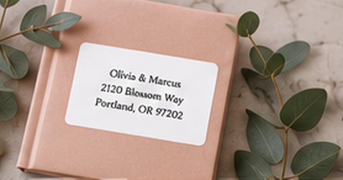 Blush stationery with a personalized address label and eucalyptus accents