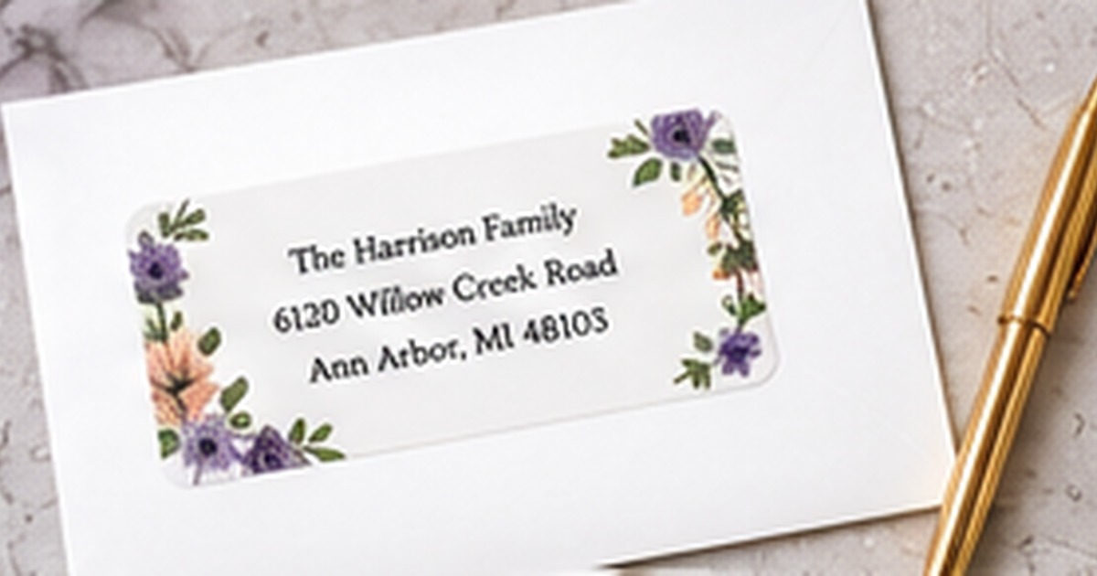 Floral return address label on white stationery with a gold pen
