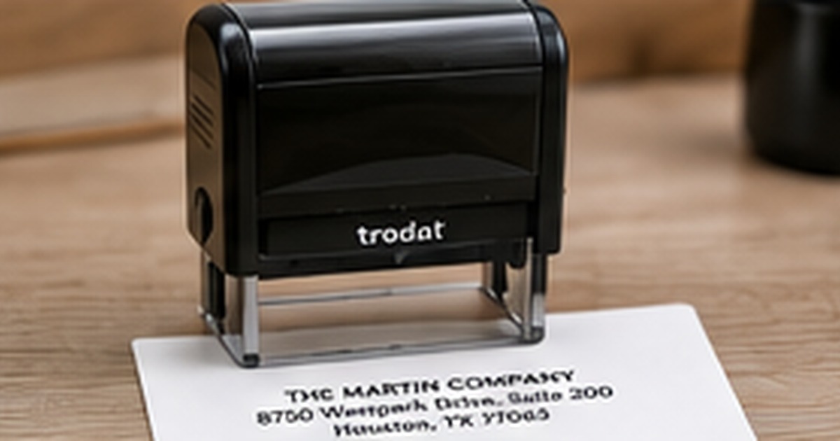 Black self-inking business stamp beside a printed company address impression