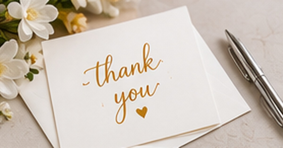 Elegant handwritten thank-you card with white flowers and a pen