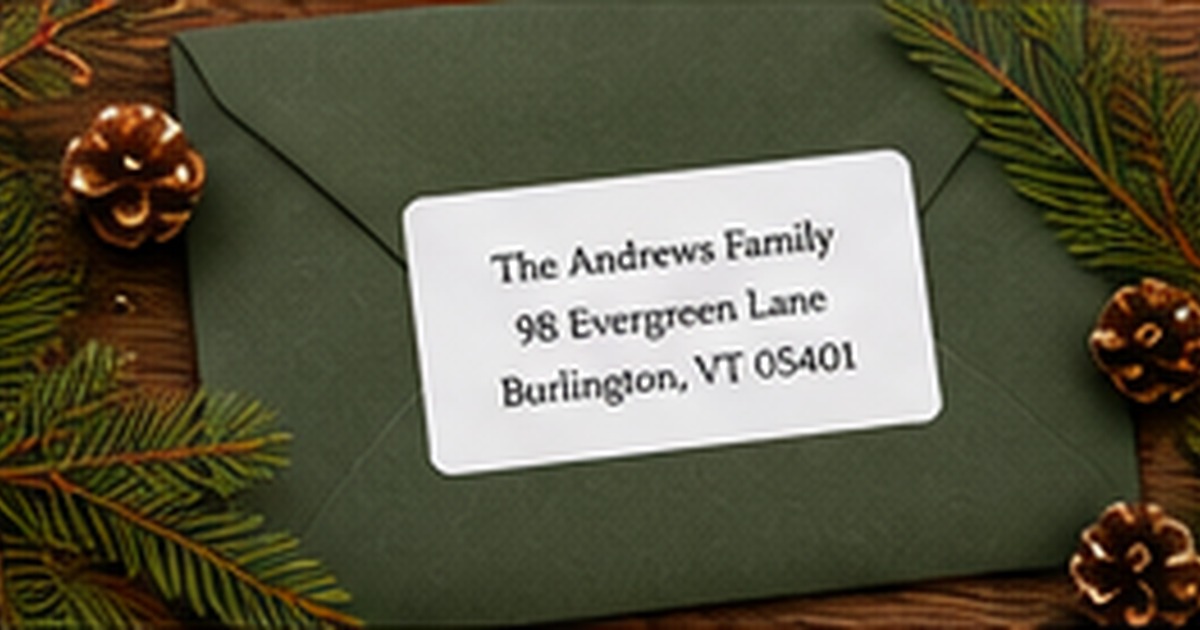 Green holiday envelope with a family return address label, pinecones, and greenery