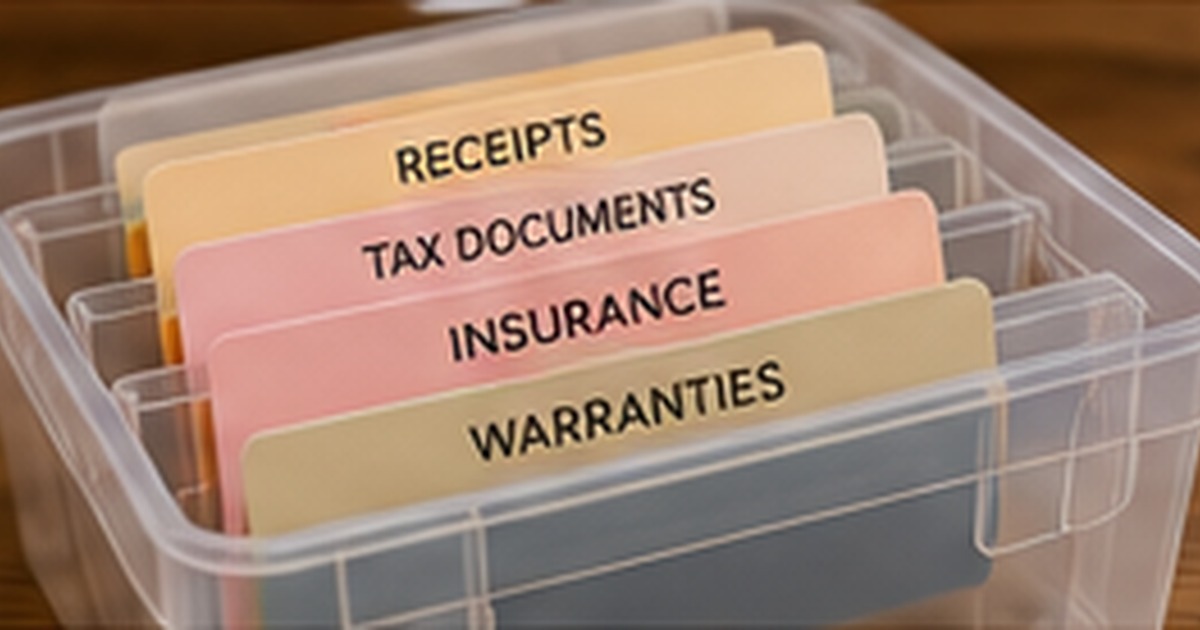 Clear file box with labeled folders for receipts, tax documents, insurance, and warranties