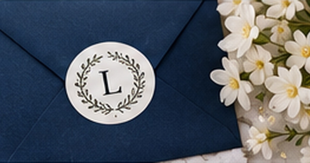 Navy envelope with a round monogram address label and white flowers