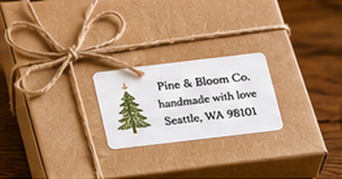 Kraft parcel with a botanical branded address label and twine
