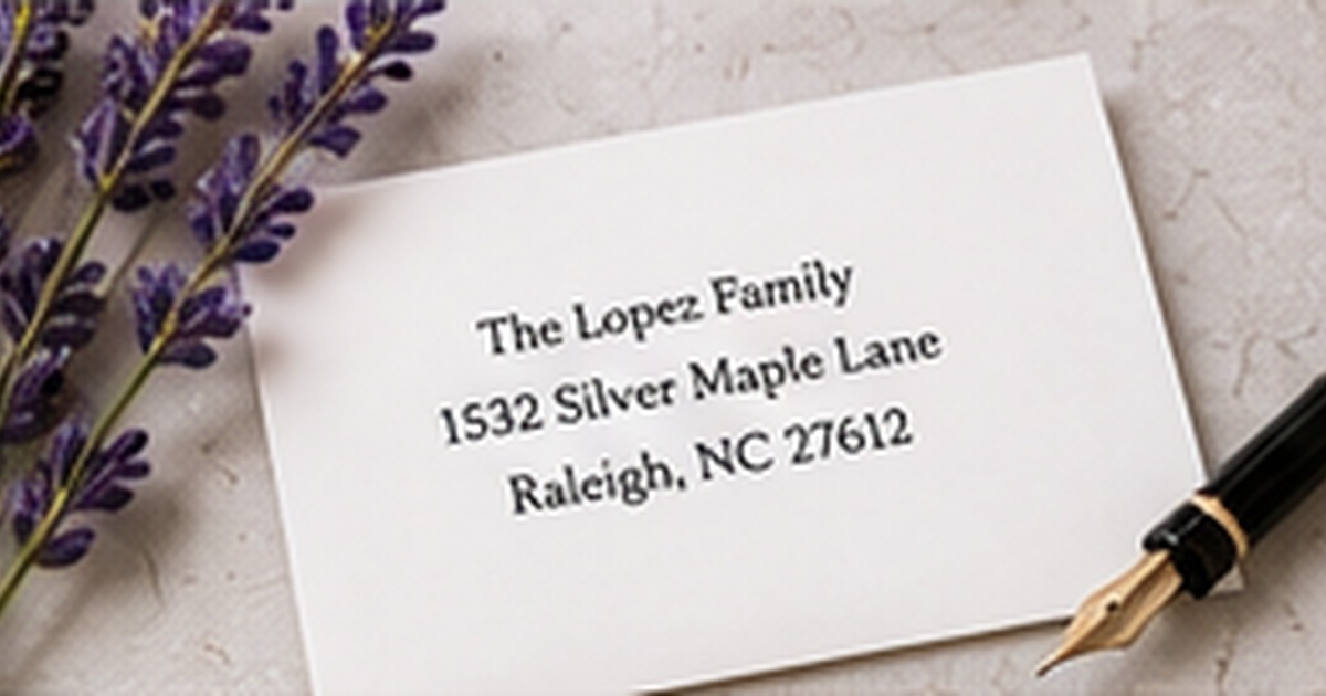 Classic return address label on an ivory envelope with lavender and a fountain pen