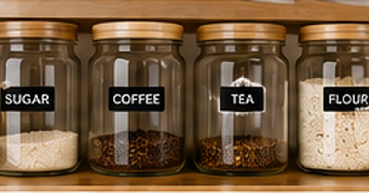 Pantry jars labeled sugar, coffee, tea, and flour in a bright kitchen