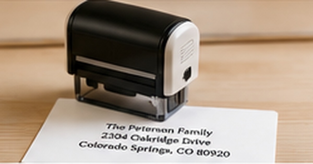Self-inking stamp beside a clean family address impression on paper