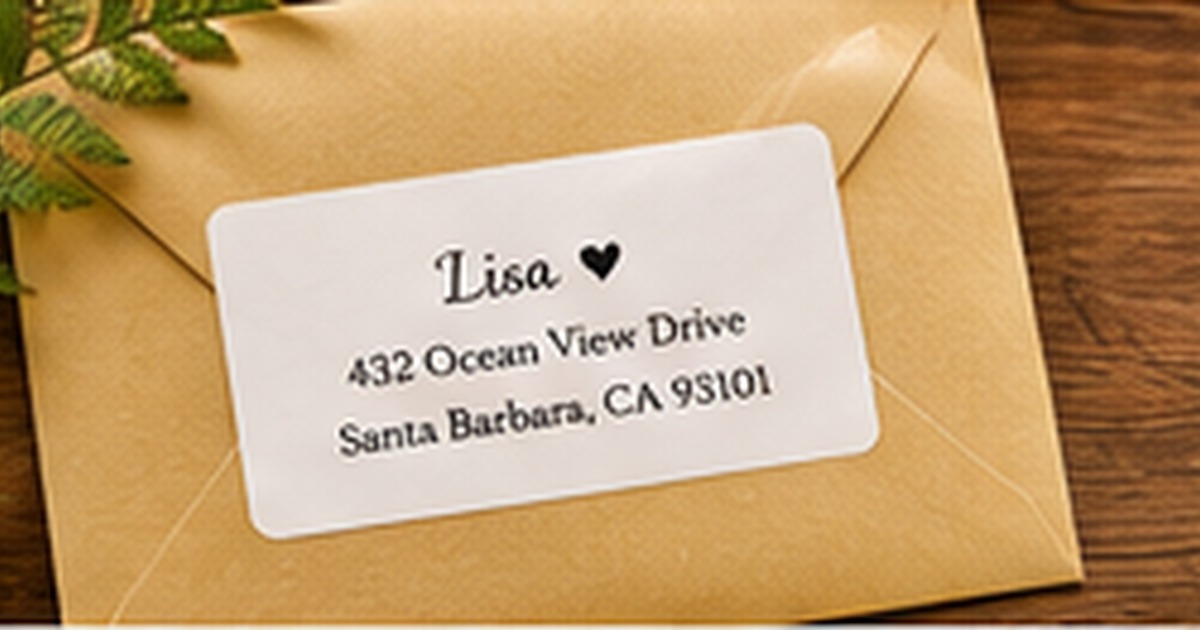 Golden envelope with a simple family label surrounded by evergreen branches